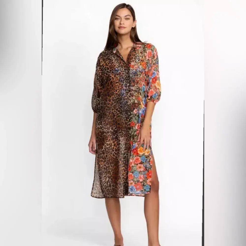 Johnny Was Leopard Button Down Shirt Dress Long Sleeve Floral Chiffon Sz L NEW